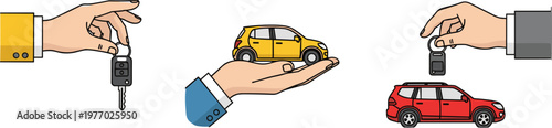 Car Purchase and Rental Concept Illustration with Hands Exchanging Vehicle Keys and Holding Cars for Ownership Transfer, Dealership Service, and Automotive Transaction Vector