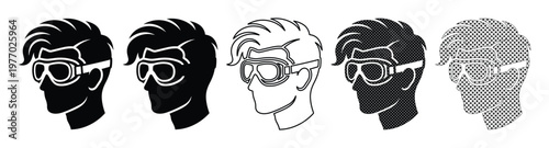 Safety goggles icon set with male head profile, industrial eye protection equipment, worker wearing protective eyewear vector collection