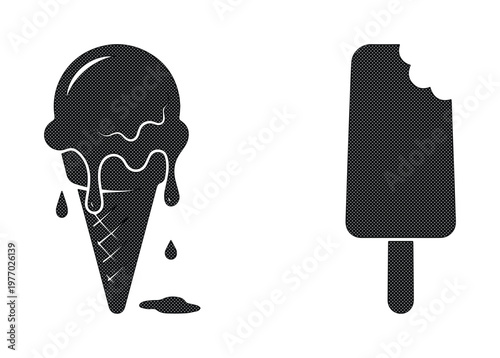 Minimalist ice cream icons set, black silhouette melting ice cream cone and bitten popsicle vector, flat summer dessert symbols for menu design
