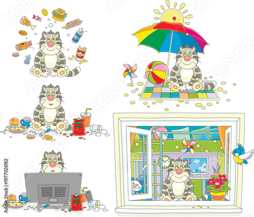 Funny plump cat sitting with a striped ball under a sunshade on a beach, looking out of a window, working on a computer, eating and thinking about tasty things, a set of vector cartoon illustrations