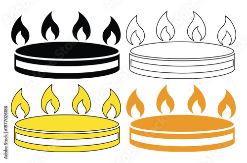 Gas stove burner icon set, kitchen stove flame vector illustrations, 4 cooking hob burner elements in black, outline, yellow and orange colors