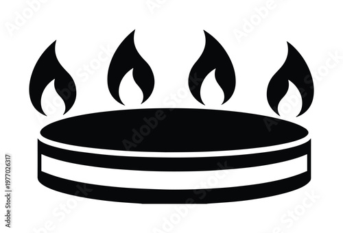 Gas stove burner icon with flames, black and white kitchen appliance vector, natural gas heating element symbol for cooking and energy