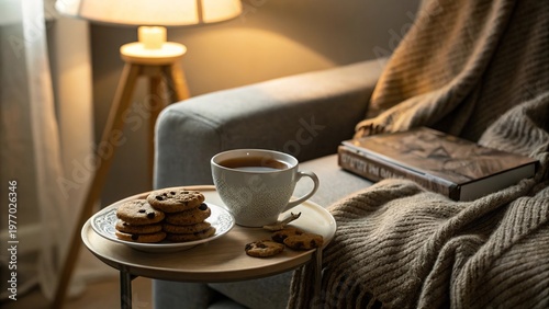Tea and Cookies on Table Next to Blanket on Sofa in Soft Light - 6