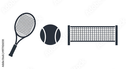 Tennis Racket Ball and Net Icons.