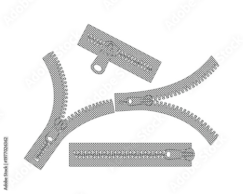 Metallic silver zipper vector set, realistic metal zip fasteners in open and closed positions, industrial garment hardware collection for fashion design