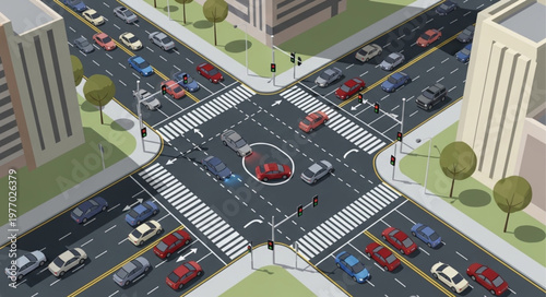 Animated City Intersection with Traffic and Pedestrian Crossings.