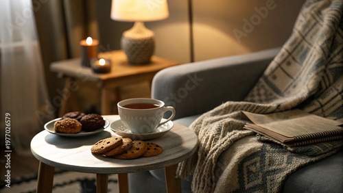 Tea and Cookies on Table Next to Blanket on Sofa in Soft Light - 1