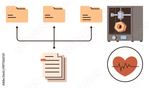 Technology, health, data sharing, 3D printing, analytics, storage. Folder icons connected to documents and a 3D printer. Technology and health through data and innovation