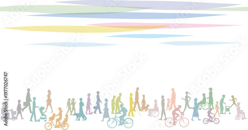 横から見た歩く老若男女。人々、車いす、自転車などのイラスト