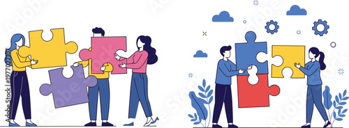 Teamwork Puzzle Concept with Business People Connecting Pieces Collaboration Partnership Problem Solving and Project Management Vector Illustration