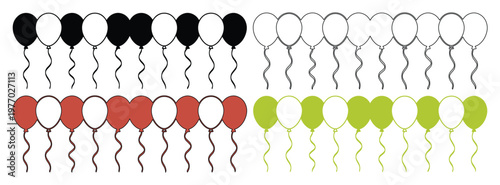 Minimalist balloon border set in black, red, and green. Decorative party balloon frame vectors. Festive celebration horizontal divider elements.