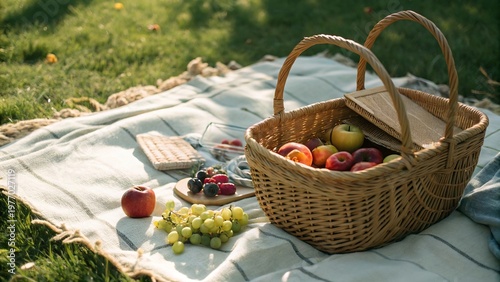 Top View of Picnic Basket with Fruits and Blanket in Sunny Park with Slow Camera Movement - 1
