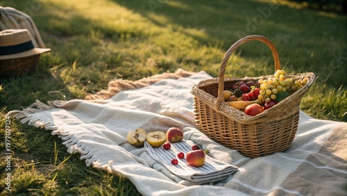 Top View of Picnic Basket with Fruits and Blanket in Sunny Park with Slow Camera Movement