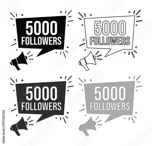 Social media 5000 followers celebration set, megaphone with speech bubble vector icons, black and white milestone achievement graphics for bloggers