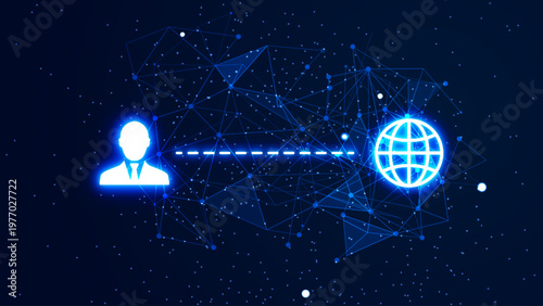 Profile connected to the network. Illustration concept of people's data on the internet with futuristic glowing symbol, plexus lines, and glitter particles