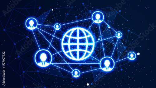 Profile connected to the network. Illustration concept of people's data on the internet with futuristic glowing symbol, plexus lines, and glitter particles