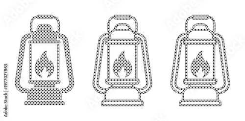 Vintage camping lantern icon set, retro oil lamp vector illustrations, black and white kerosene lantern graphics with flame for outdoor adventure