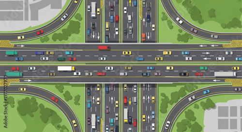 Aerial View of a Busy Highway Interchange with Traffic.