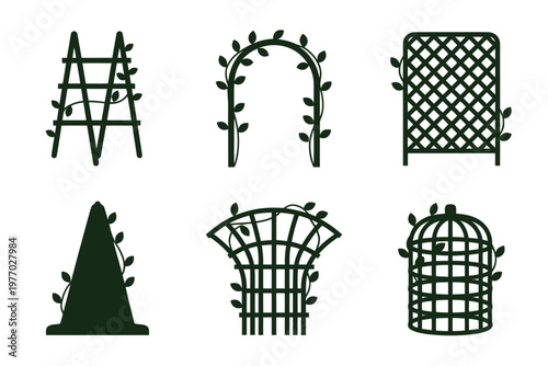 A collection of green trellis and arbor garden decorations