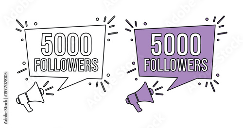 Social media milestone 5000 followers celebration banner, purple megaphone with speech bubble vector, 5k subscribers achievement announcement graphic