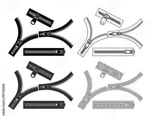 Zipper vector icon set, black and white clothing fastener collection, open and closed metal zip elements for fashion design and tailoring