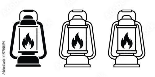 Vintage camping lantern vector icons, retro kerosene lamp line art set, black and white oil lantern symbols for outdoor adventure and hiking