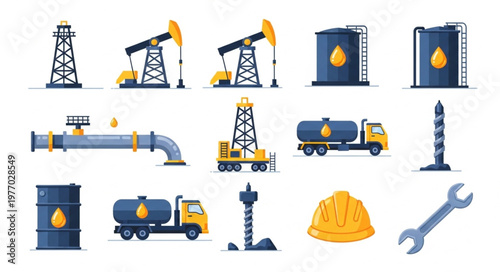 Oil Industry Equipment and Infrastructure Vector Illustration Set.