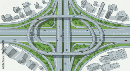 Aerial View of a Complex Highway Interchange with Green Spaces.