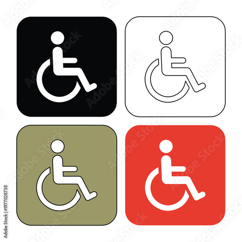 Disabled handicap wheelchair icon set, universal accessibility symbols in square buttons, 4 vector elements for public signage and wayfinding