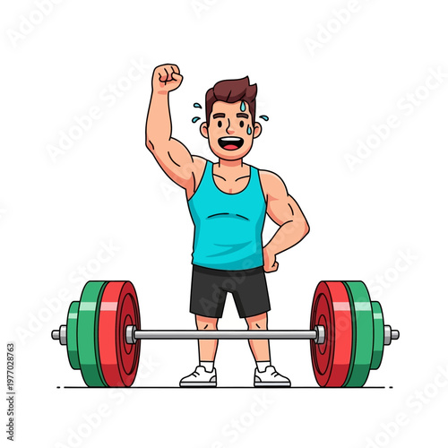 Fit Man Celebrates Weightlifting Success with Barbell