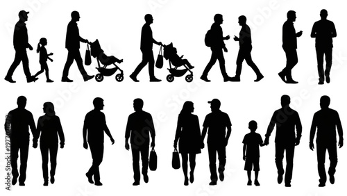 Silhouettes of people walking in various poses vector CAD graphics