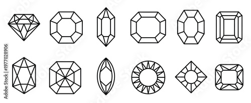 Diamond Cut Thin Line Icons, Gemstone Outline Icon Set, Jewelry Illustration Collection, Precious Stone Symbols, Luxury Design Elements, Minimalist Graphics