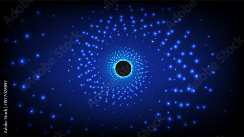 Stunning blue cosmic vortex with sparkling stars and a black circular void, ideal for sci fi and tech backgrounds