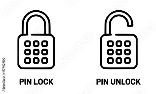 Pin lock and unlock outline icons featuring closed and open padlock with numeric keypad symbols for security, access control, and password protection design