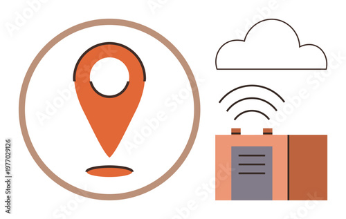 Travel navigation, geolocation services, cloud connectivity, data storage, wireless technology, tracking systems. A location pin, cloud icon and wireless device. Geolocation services and cloud