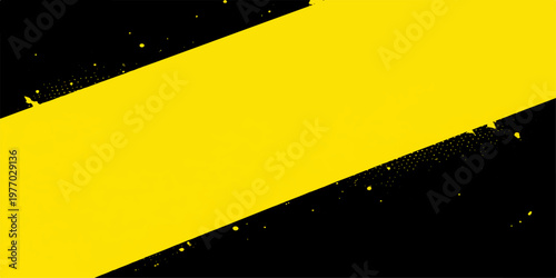 An abstract grunge background featuring yellow and orange hazard stripes on a paper texture backdrop with a blank vector banner and arrow symbol design