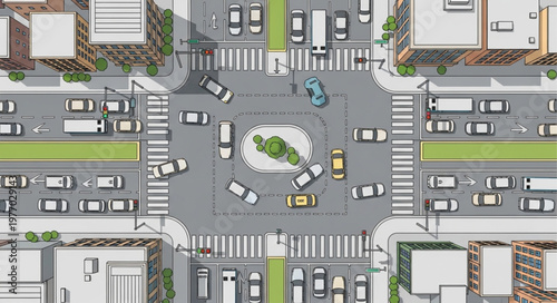Aerial View of a Busy City Intersection with Traffic.