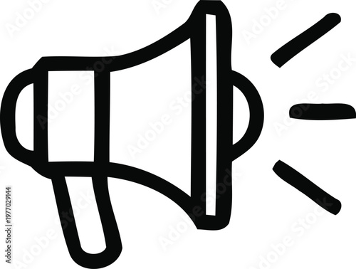 Black and white illustration of a megaphone with sound waves emanating from it.