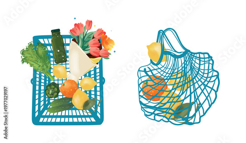Reusable shopping mesh bag with organic oranges and shopping cart with food products, supermarket eco set. Goods, purchases from grocery store. Vector illustration in flat doodles style.