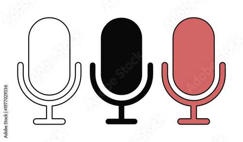 Minimalist microphone icon set, professional podcast mic vector symbols, flat recording studio equipment graphics in black and red colors