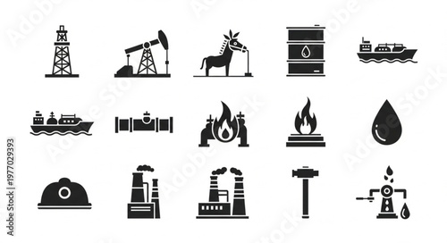 Oil and Gas Industry Icons - Exploration, Production, and Transportation.