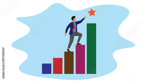 Businessman climbing a growing bar chart to reach a star concept.
