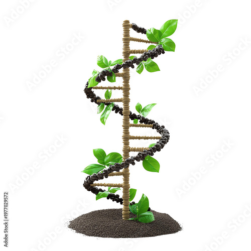 A creative representation of DNA structure using vines and leaves, symbolizing nature and growth.