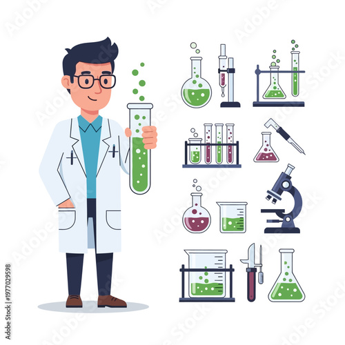 Scientist holding test tube with green liquid, surrounded by lab equipment and experiments