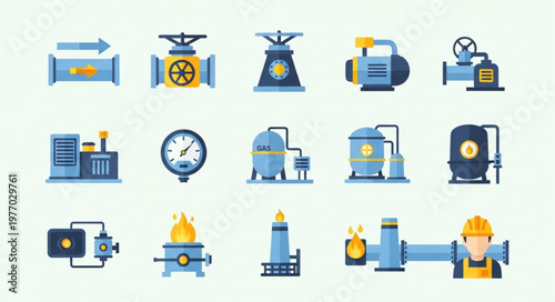 Oil and Gas Industry Equipment and Infrastructure Icons Set.
