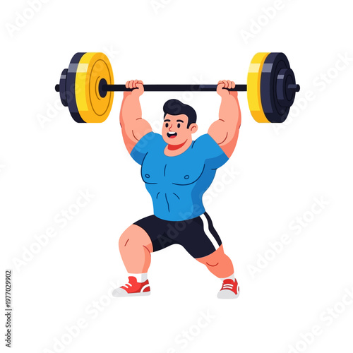 Muscular man lifting heavy barbell overhead, weightlifting fitness illustration