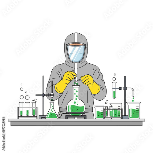 Scientist in Hazmat Suit Conducts Chemical Experiment in Laboratory