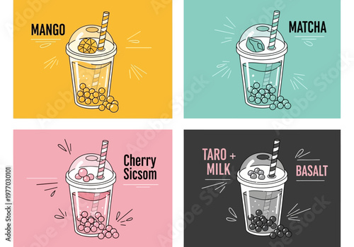 Colorful Bubble Tea Illustration Set Featuring Mango, Matcha, Cherry, and Taro Milk Flavors with Tapioca Pearls