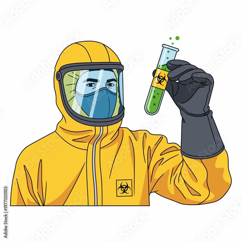 Scientist in Hazmat Suit Holding Biohazard Test Tube - Illustration