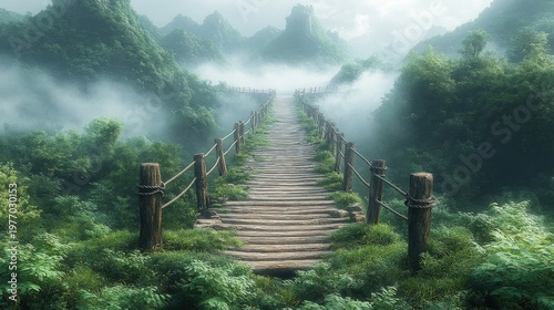 Ancient Rope Bridge Path Through Misty Lush Green Jungle Overgrown With Foggy Forest Trees